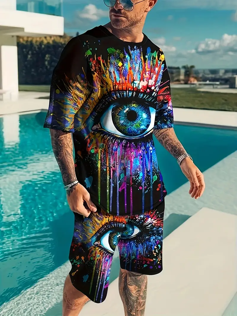 Colorful Eye 3d Pattern Men's Outfits Comfy T shirt Casual - Temu Canada