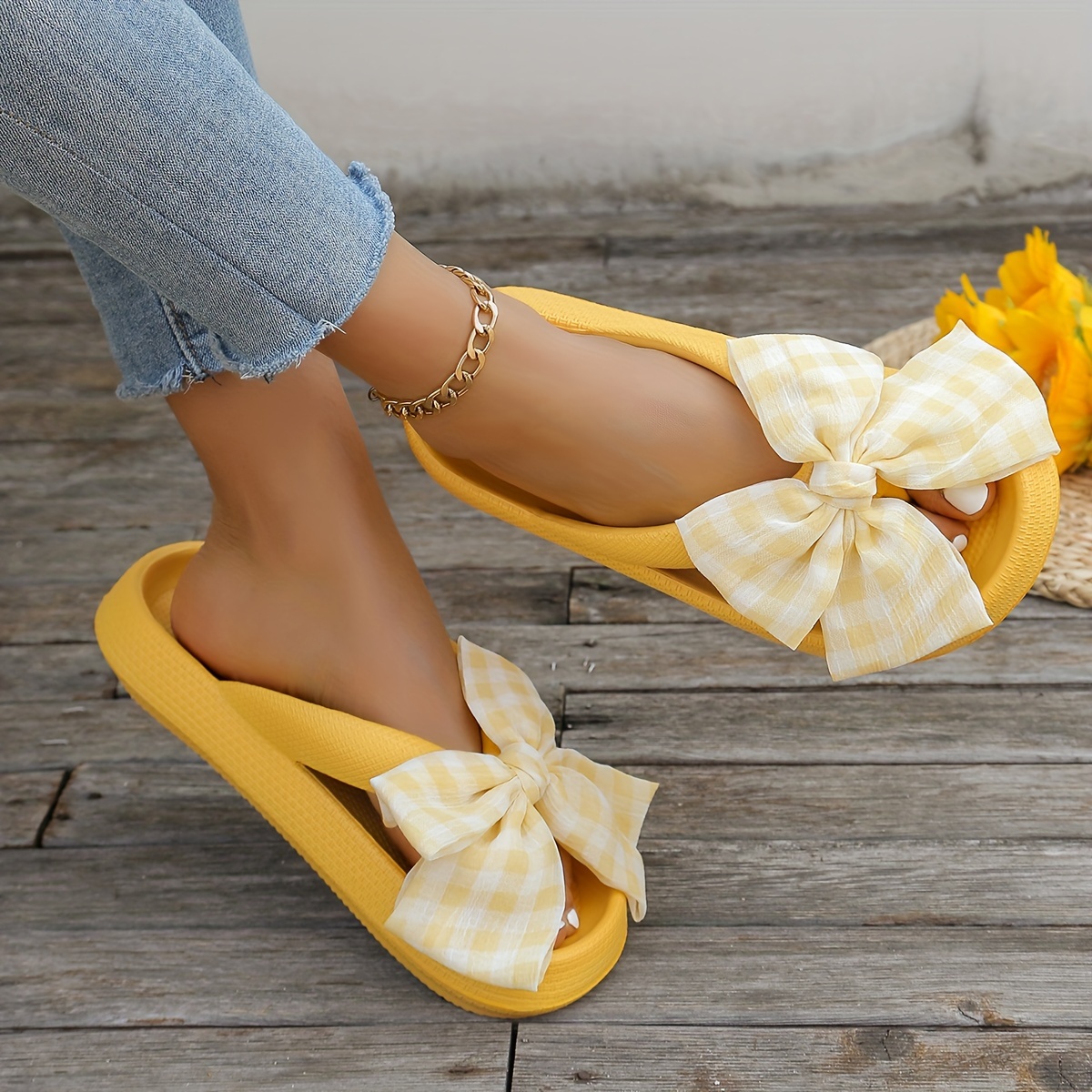 womens solid color flip flops platform soft sole slip on   bowknot slides non slip summer eva beach slides Product details 2