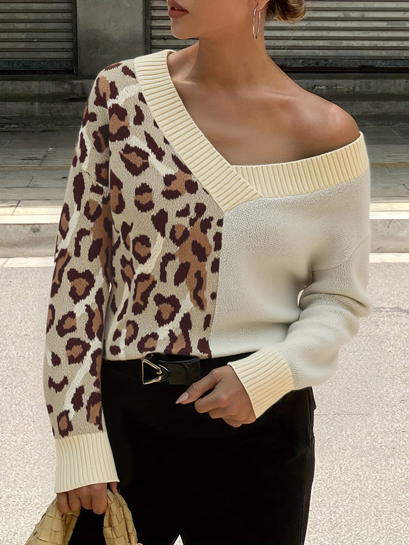 two tone leopard sweater casual crew neck long Temu Canada