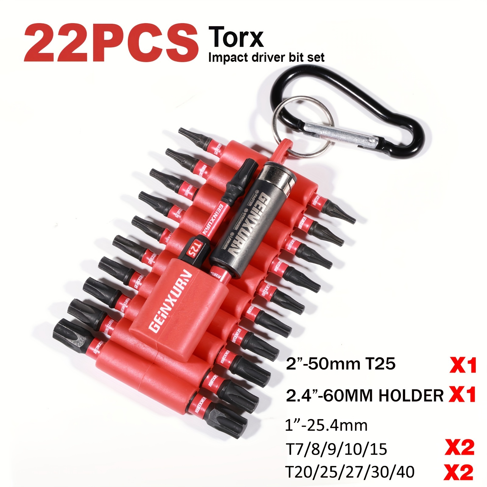 

22- Screwdriver Set Keychain, S2 Steel, Hex , Includes T7-t40, 60mm , Portable Carabiner Key