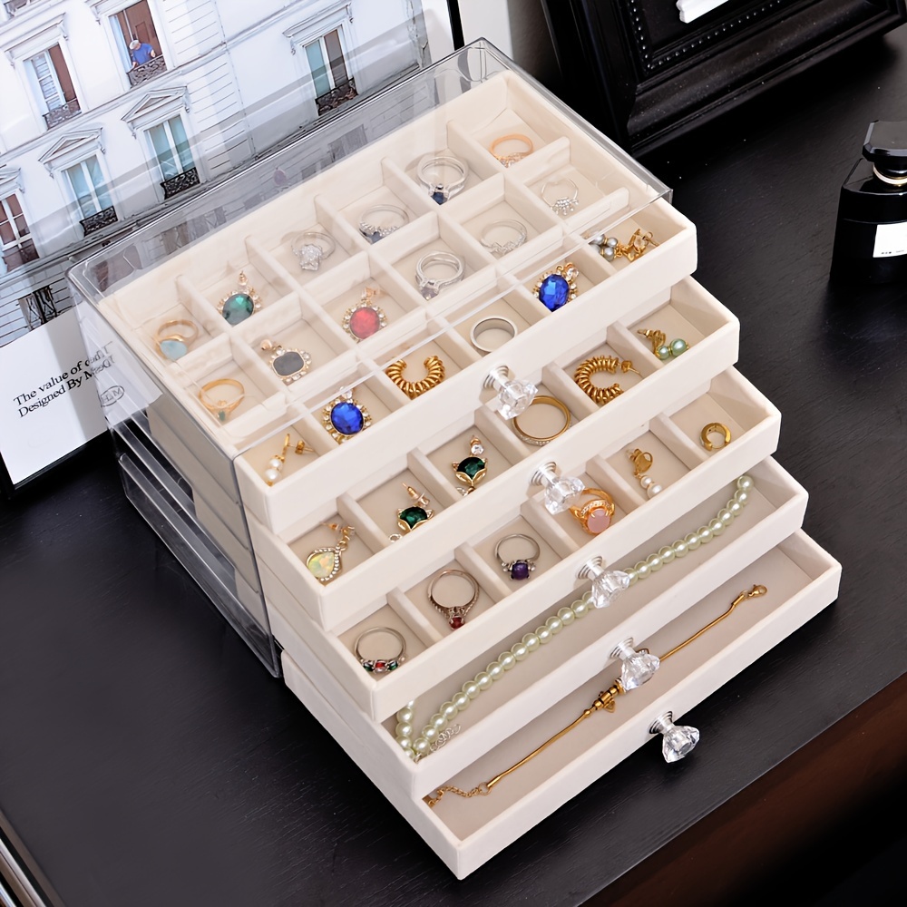 

5-tier Velvet Jewelry Organizer - Stackable Drawer Storage Box For Bracelets, Watches, Rings & Earrings - Transparent Multi-layer Design With Fabric Interior