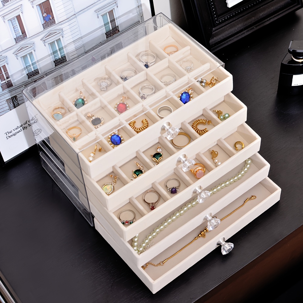 

Organisateur de Bijoux en Velours à 5 Niveaux - Boîte de Rangement Empilable pour Tiroirs pour Bracelets, Montres, Bagues & Boucles d'Oreilles - Design Multicouche Transparent avec Intérieur en Tissu