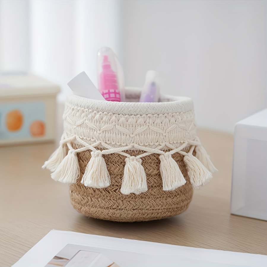Image of A Easy And Vintage-style Tassel Storage Basket For Use, Perfect For Organizing Small Items Like A Pen Holder On Your Desk, Shelf Baskets