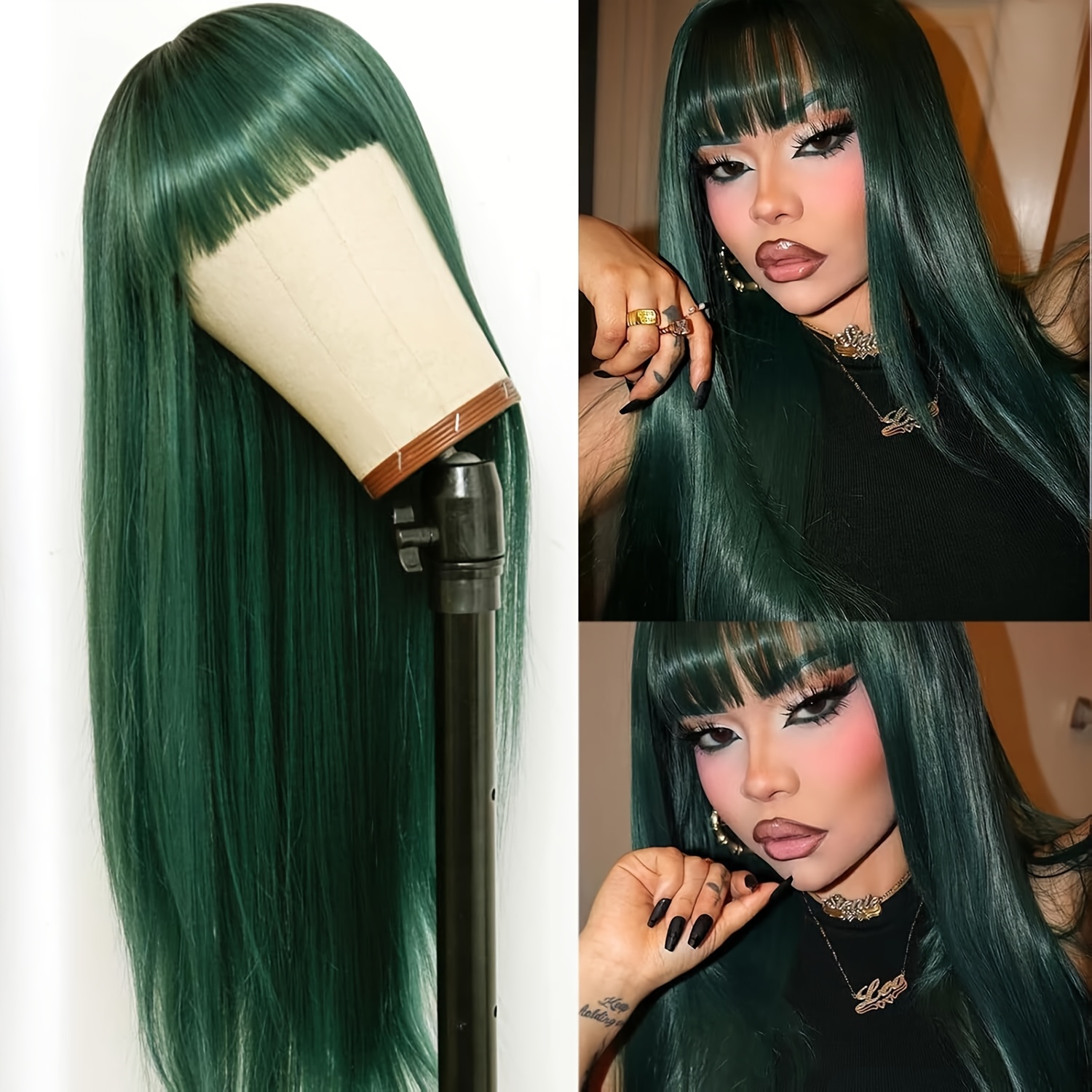 TEMU Perruque Longue Verte Droite pour Femmes - Perruque Synthétique Verte Foncée avec Frange - Idéale pour Cosplay, Fêtes et Festivals de Musique