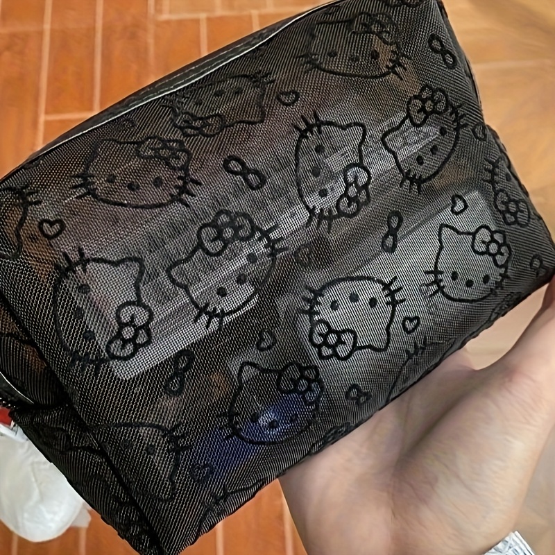 E-shop Sanrio Muster Schwarze Mesh Make-up Aufbewahrungstasche, Süßer Stil Tragbare Make-up Tasche mit Großem Fassungsvermögen, Strapazierfähige Damen