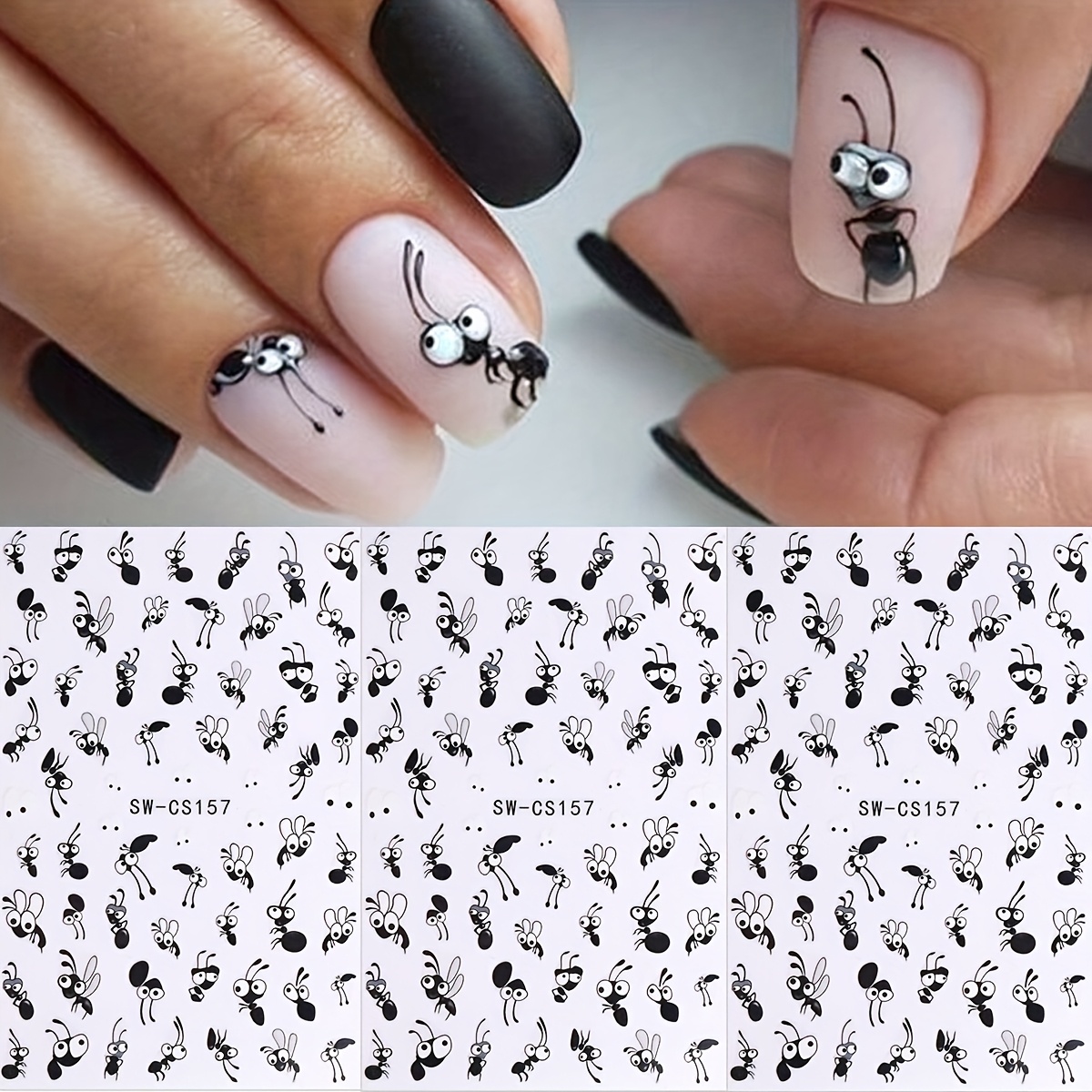Of Adorable 3d Cartoon Nail Art Stickers Featuring A Of Large- Cartoon Ants And Bug Designs, Perfect For Women's Nail Decoration