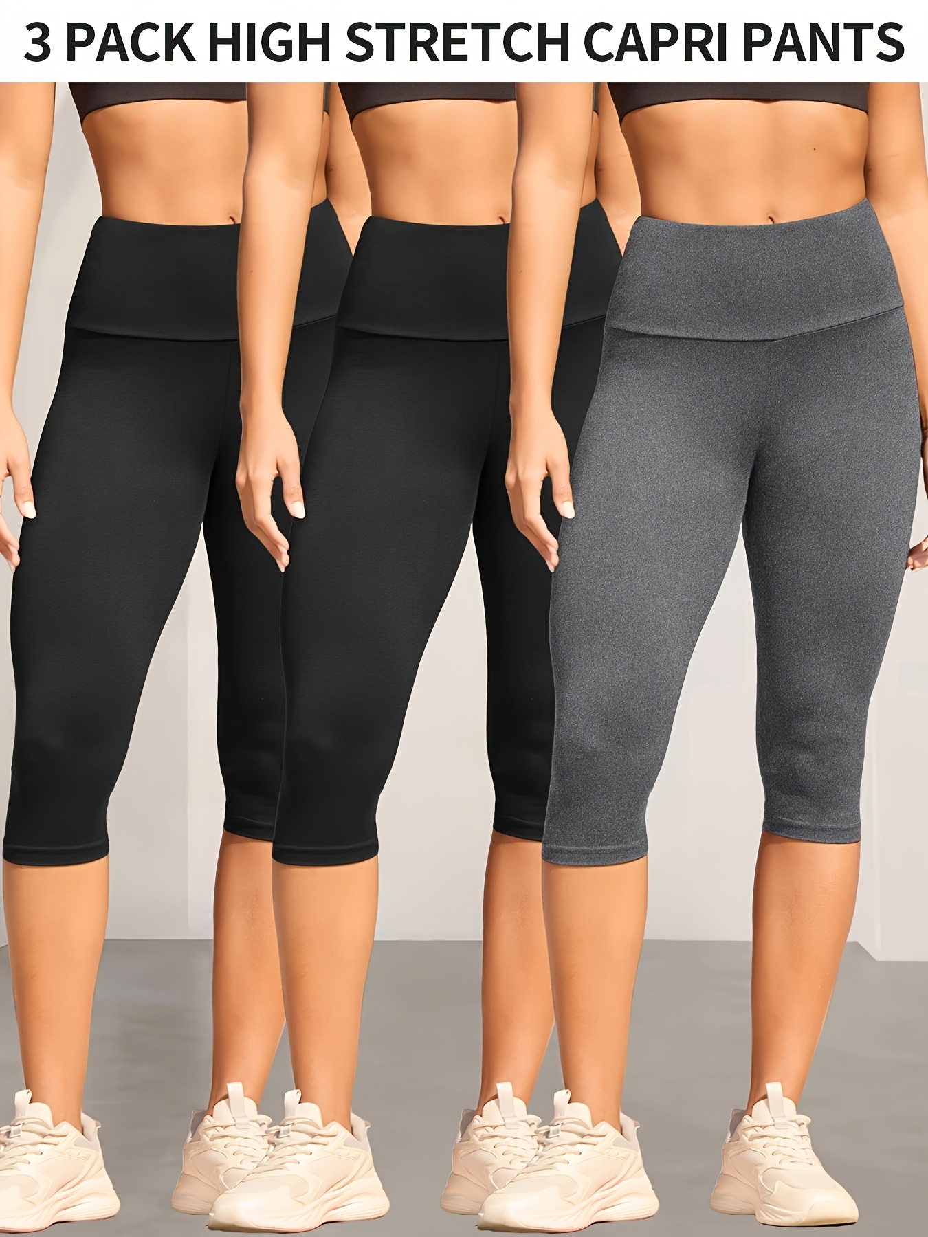 3 pack womens high waisted tummy control yoga capri pants super soft non see through workout leggings high   machine washable solid color for running gym casual wear spring summer fall