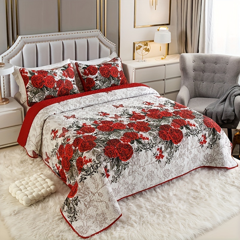 

3-piece Charming Rose Floral Quilted Bedspread Set - Soft Brushed Polyester, Machine Washable, All-season Comfort For Bedroom And Guest Room Bed Comforter Sets Bedroom Decor And Accessories