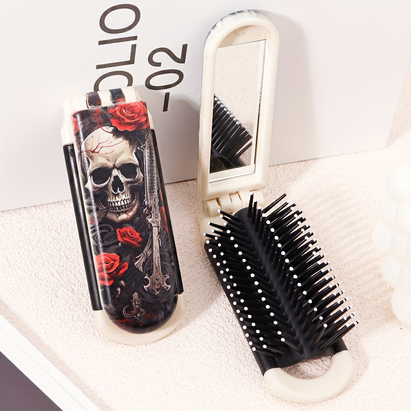 1pc Flower Cross Pattern Folding Hair Comb - Portable Cushion Brush With Built-in Mirror, Suitable For All Hair Types, Gently Detangles And Styles