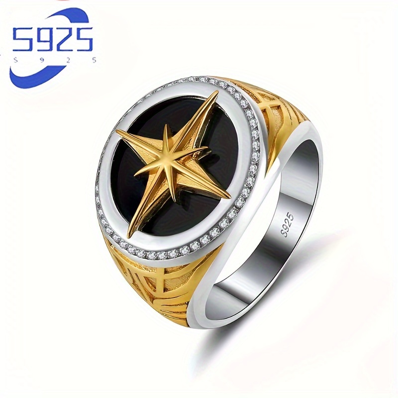 

Sterling Silver S925 Two-tone Plated Star Ring For Men, Hip-hop Style, Fashionable Vintage Casting Jewelry, Versatile Trendy, Vacation Entertainment, Personalized Bold Statement, Approx. 6.7g