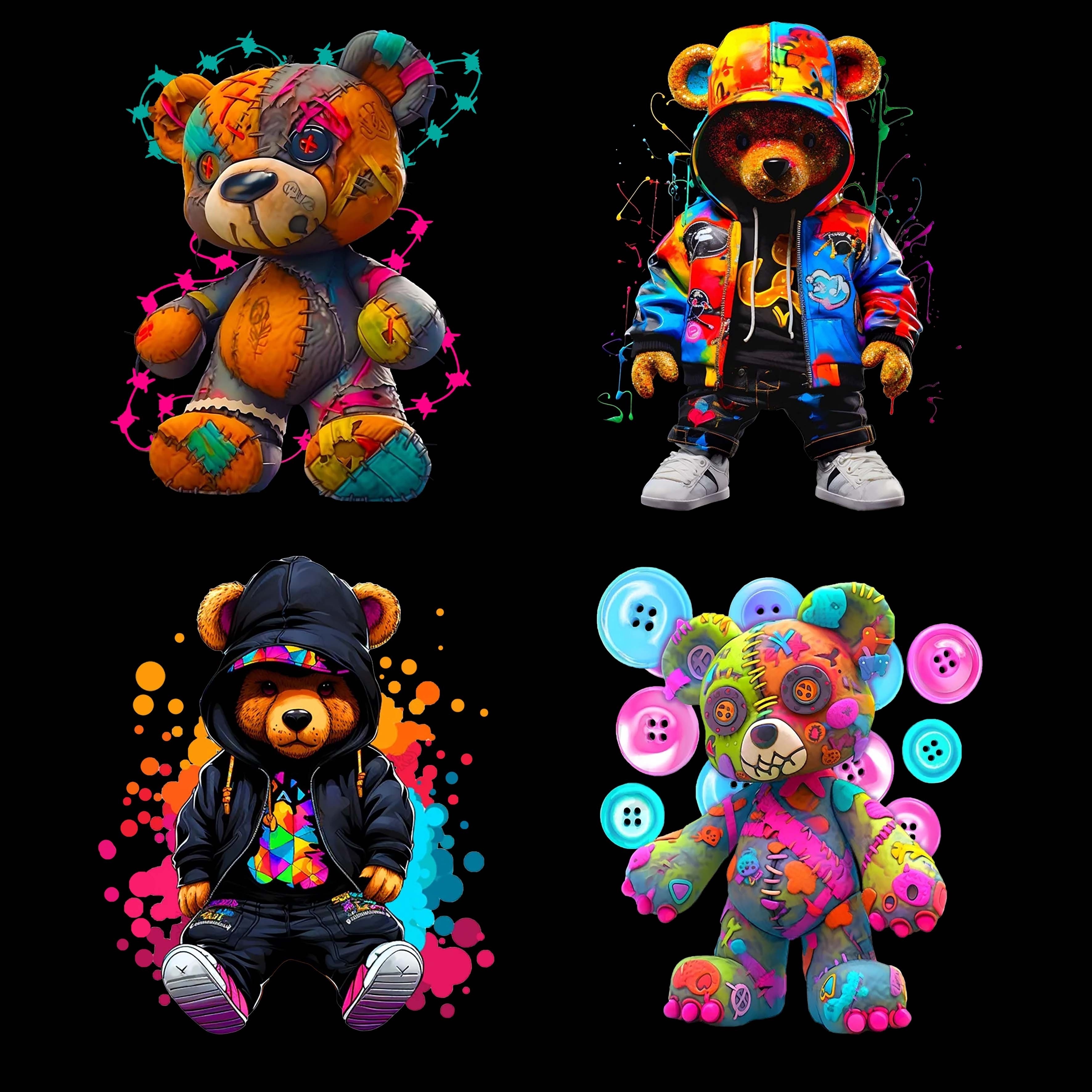 E-shop 4er-Pack Aufbügler "Cool Little Bear" Wärmeübertragungsaufkleber für T-Shirt-Design, Kissen-Dekoration und Bekleidungszubehör