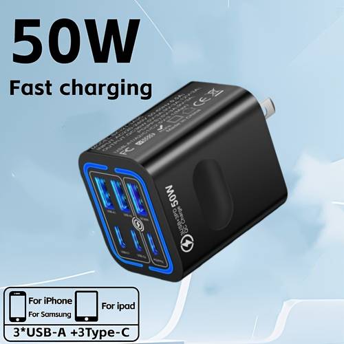 6 ports fast charging type c charger block us plug 3 usb 3 type c wall charger for iphone 17 pro max for samsung for xiaomi mobile phone charger adapter for christmas gift