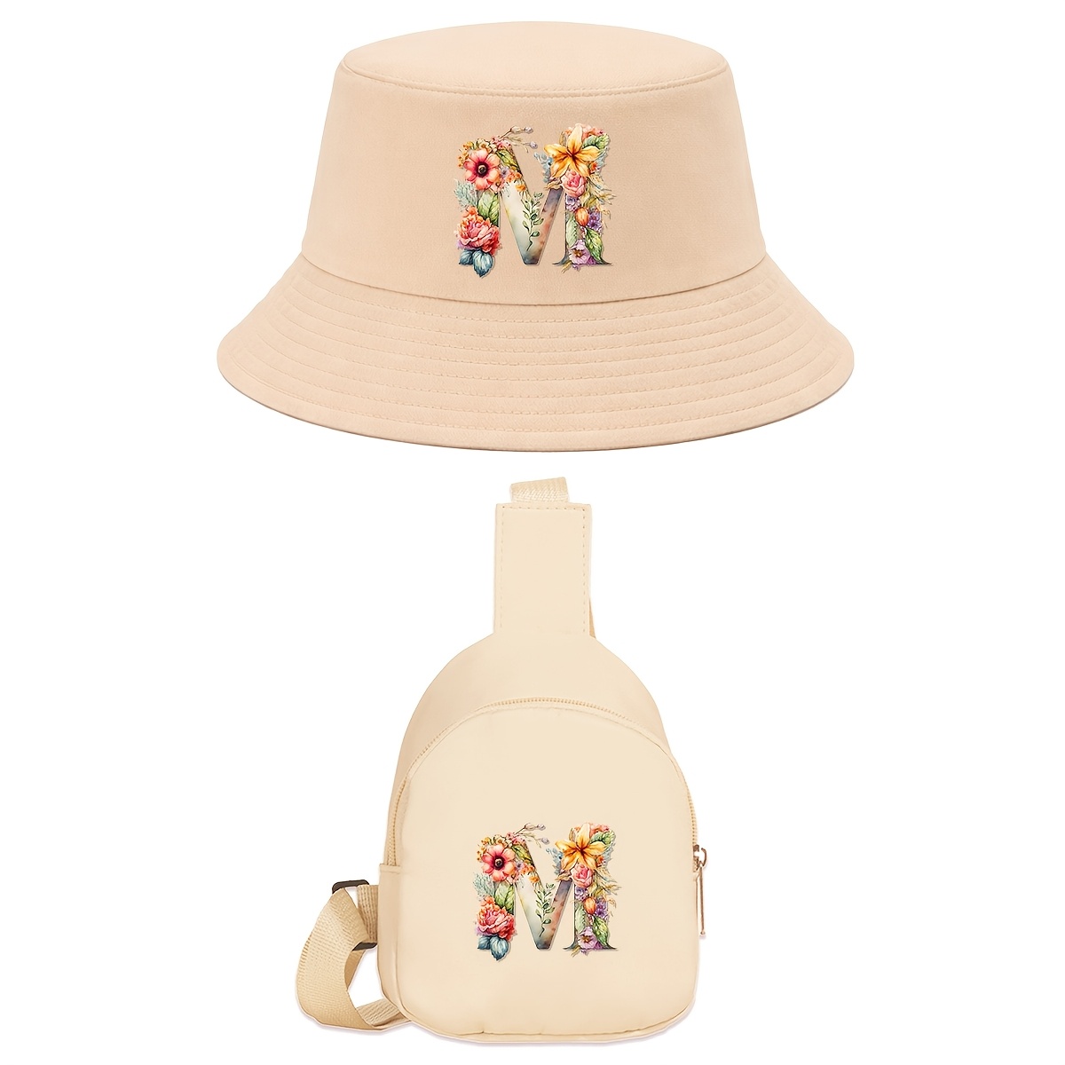 Image of 2pcs ' Birthday Gift Set, Includes 1 Colorful Flower & Letter Wide Brim Fisherman Hat & Portable Chest Bag, Stylish , Ideal For Daily Wear, Travel, Vacation & Back To School