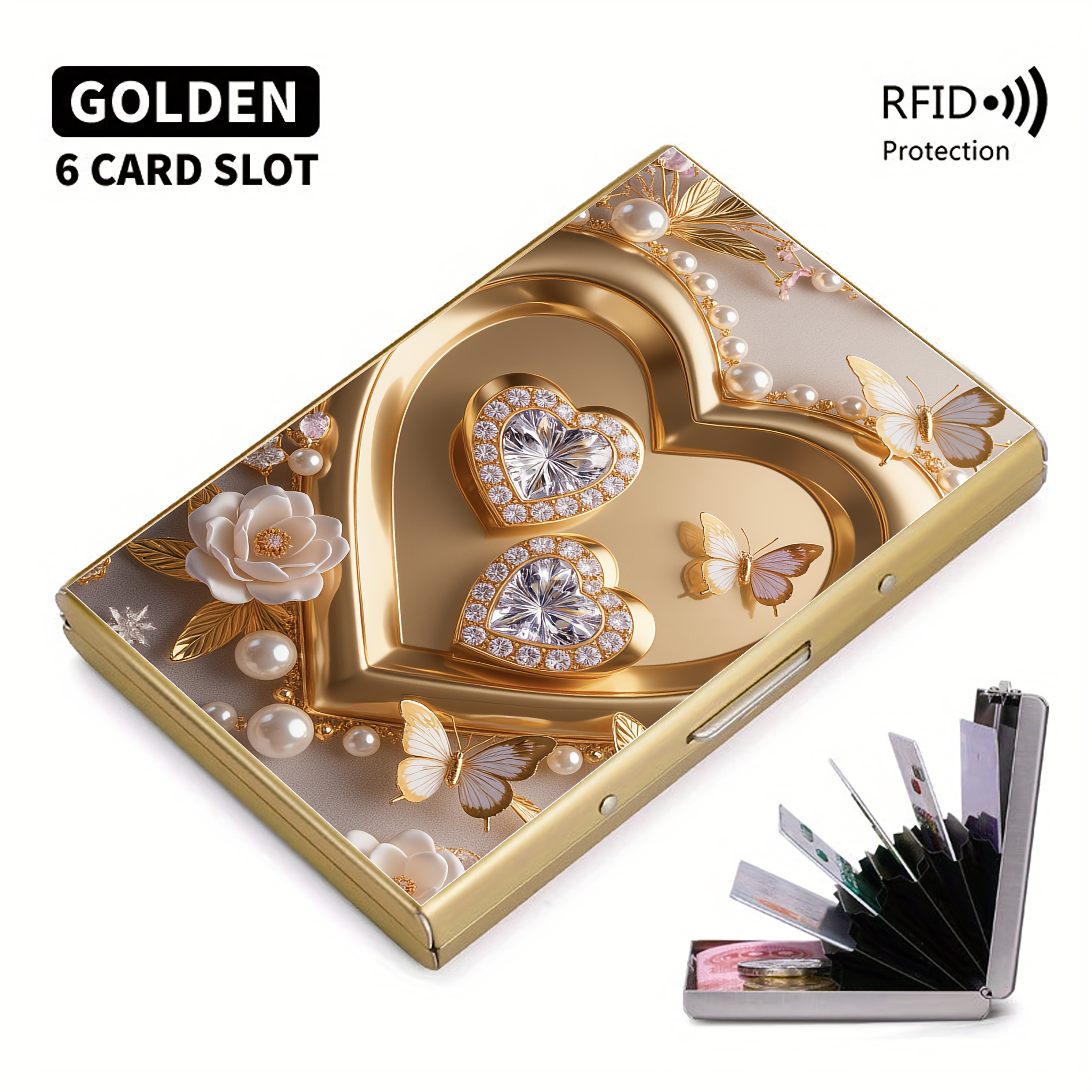 TEMU Exquisite Heart-shaped Pattern Premium Stainless Steel Rfid Anti-theft Card Holder For Men - Stylish Black Metal Wallet With Multi-compartment