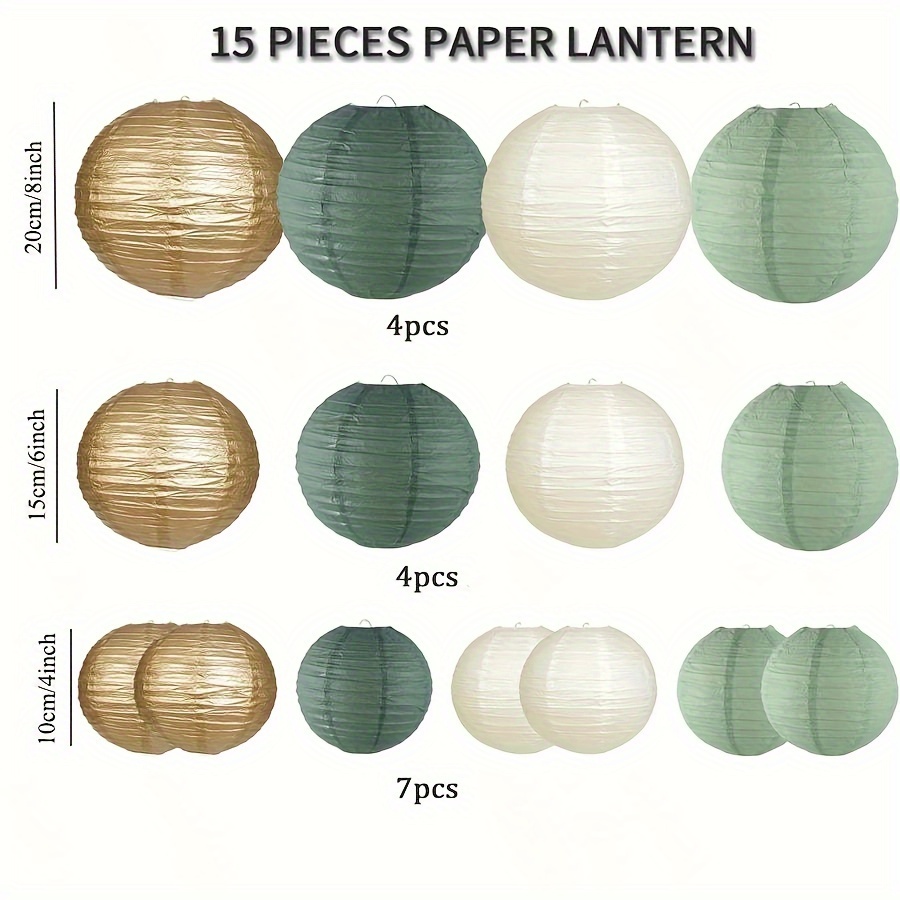 Image of 15pcs Round Hanging Paper Lanterns Suitable For Weddings, Birthdays, Showers - Golden, Ivory & Green Party Decorations, Outdoor, Easy To Hang, Bulk Pack