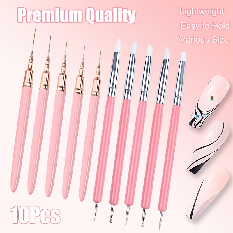 5pcs For Nail Art Liner Brushes & 5pcs For Nail Art Dotting Pens | Double-ended Design For Gel For Nails, Thin , Nylon Bristles, Abs Handle