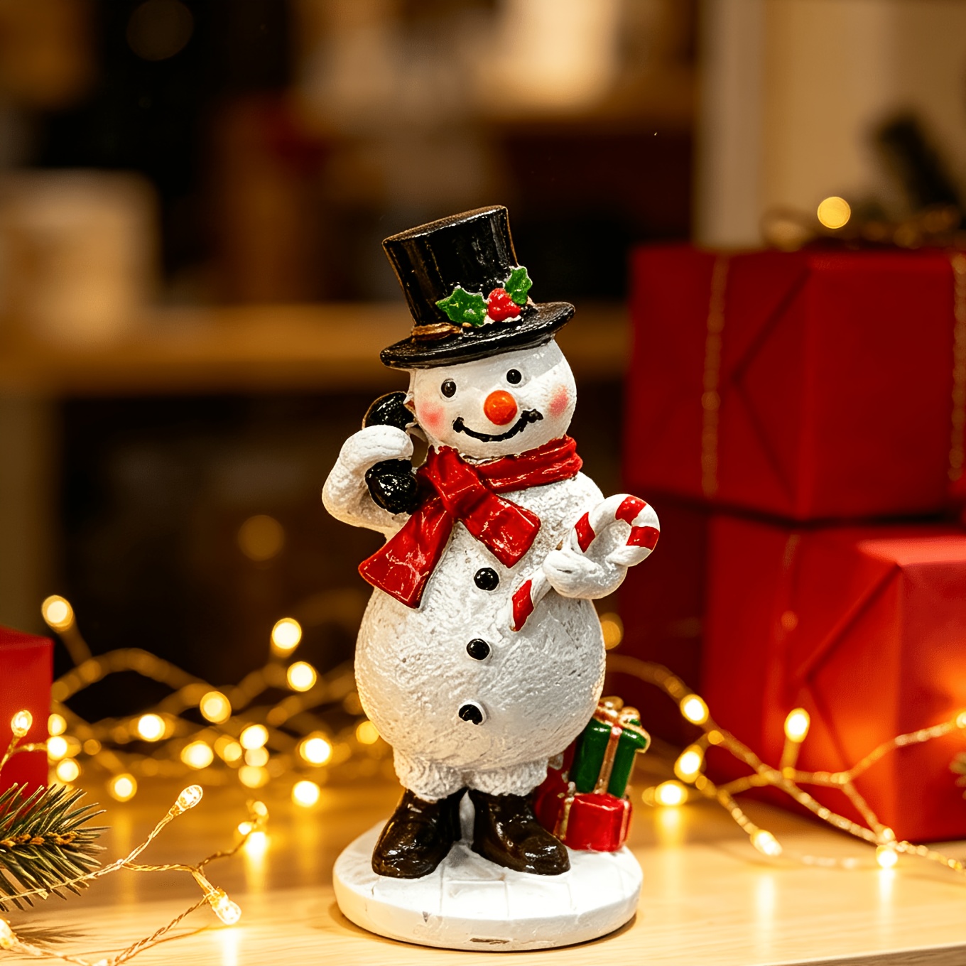 TEMU 1pc Christmas Resin Telephone Snowman Ornament, Bow Tie Red Scarf Snowman Sculpture, Holding Cane And Candy With Gift Box Decor, Desktop, Home