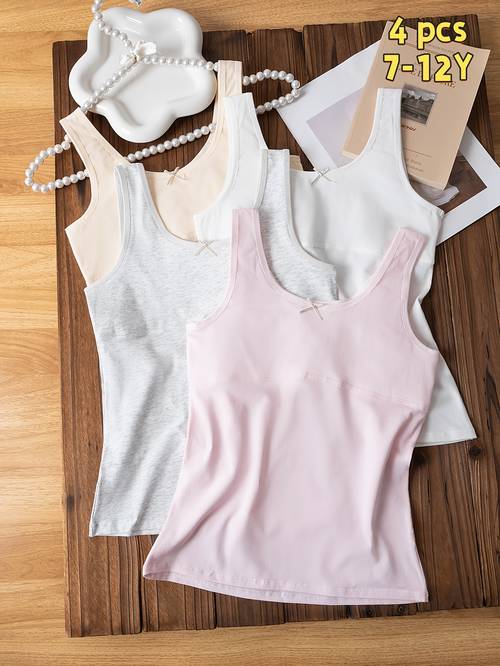 4pcs girls developmental period underwear with bow decoration wide strap tank top comfortable and breathable suitable 7 12