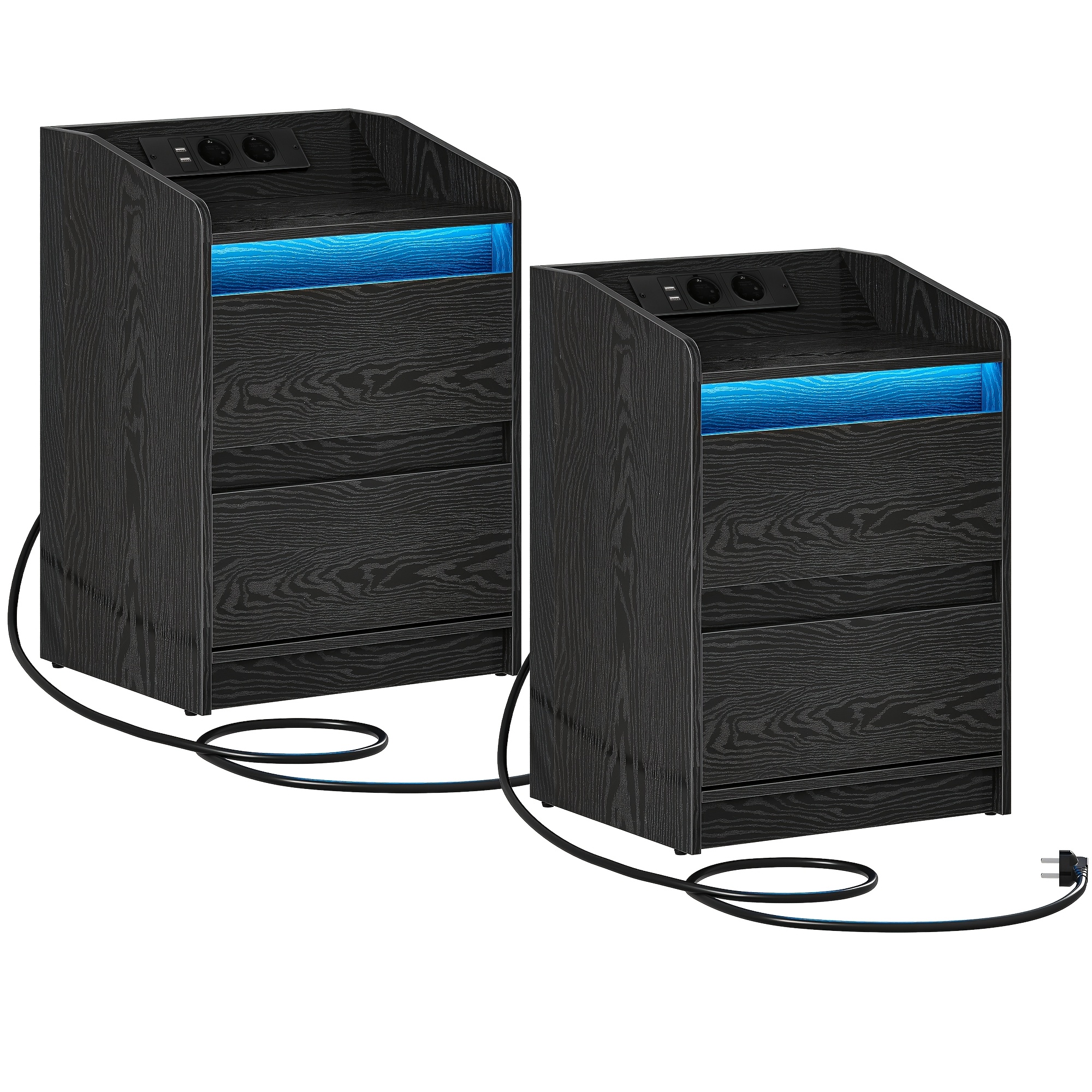 A Pair Of Bedside Tables Featuring Led Lights, 2 Drawers, And Equipped With Usb Ports And Sockets, Designed To And For Living Rooms And Bedrooms, In Black And White