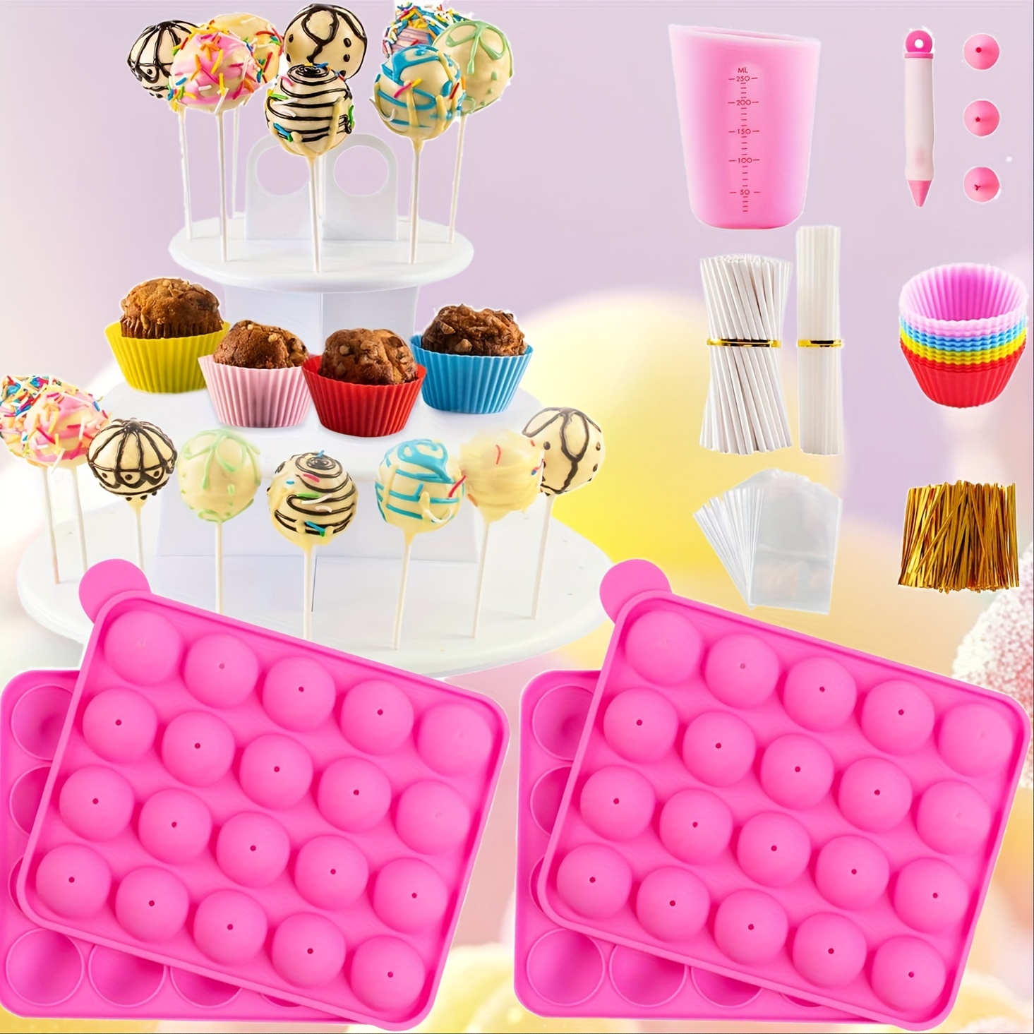 Cake Pop Maker Kit With 2 Silicone Mold Sets With 3 Tier Cake Stand, Chocolate Candy Melts Pot, Silicone Cupcake Molds, Paper Lollipop Sticks, Decorating Pen With 4 Piping Tips, Bag And Twist Ties