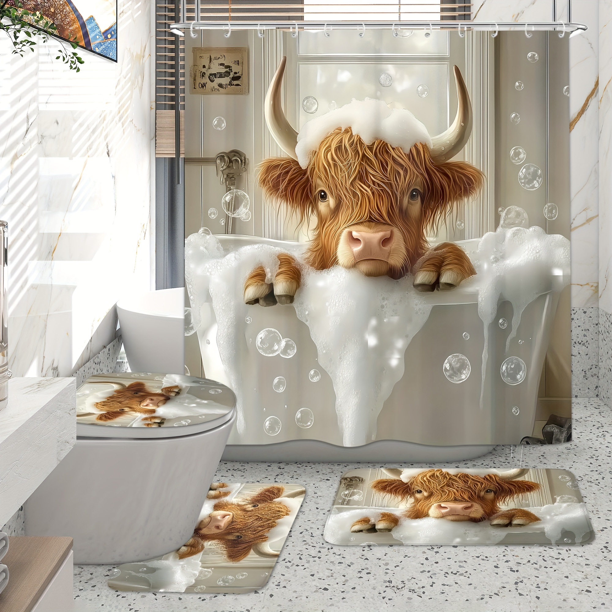 TEMU 4pcs Funny Highland Cow Shower Curtain Set, Adorable Yellow Calf Bathing In Tub, Bathroom Set With 12 Hooks, Non-slip Rugs, Toilet Lid Cover,