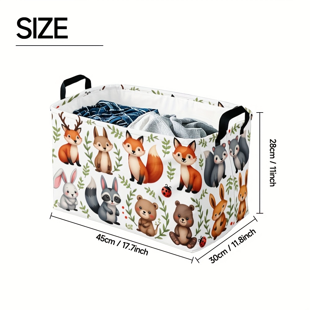TEMU 1pc Collapsible Woodland Animal Storage Basket With Handles – Cute Cartoon Design, Durable Polyester, Home, Living Room, Bedroom Decor Or Gift,
