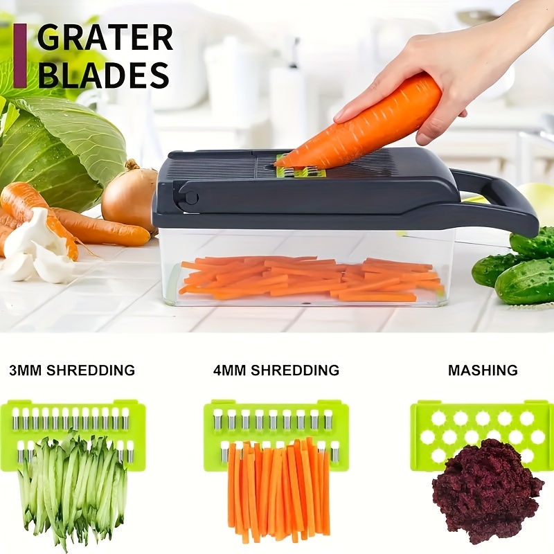 16pcs set multifunctional vegetable chopper professional onion chopper manual food processor with container for salad potato carrot garlic essential kitchen tool plastic material black Product details 0