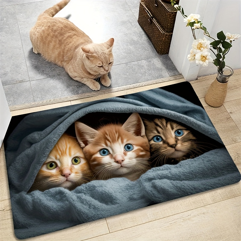 

Cute Cats Non-slip Doormat - Machine Washable Polyester Mat For Entryway, Kitchen, Living Room & Bedroom Decor, Front Door, Bathroom, Pvc Backing