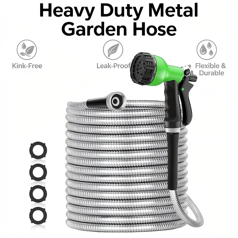 Heavy Duty 100ft/ 50ft Stainless Steel Water Hose with 10 Function Nozzle - Pet Safe High Garden Water Hose, Car Wash Water Hose, No Need to Worry About Pressure, Bend or Stretch, Durable and Break Resistant, with Portable and Wrap-Free Design