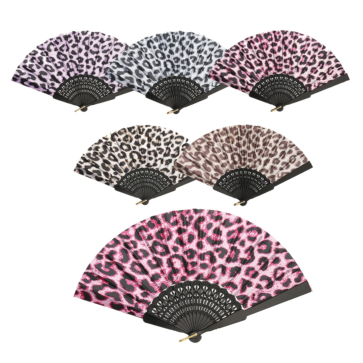 TEMU 6pcs 6-color Leopard Print Folding Hand Fans, Vintage Leopard Print Pattern Portable Handheld Fans, Suitable For Parties, Clubs, , And Daily