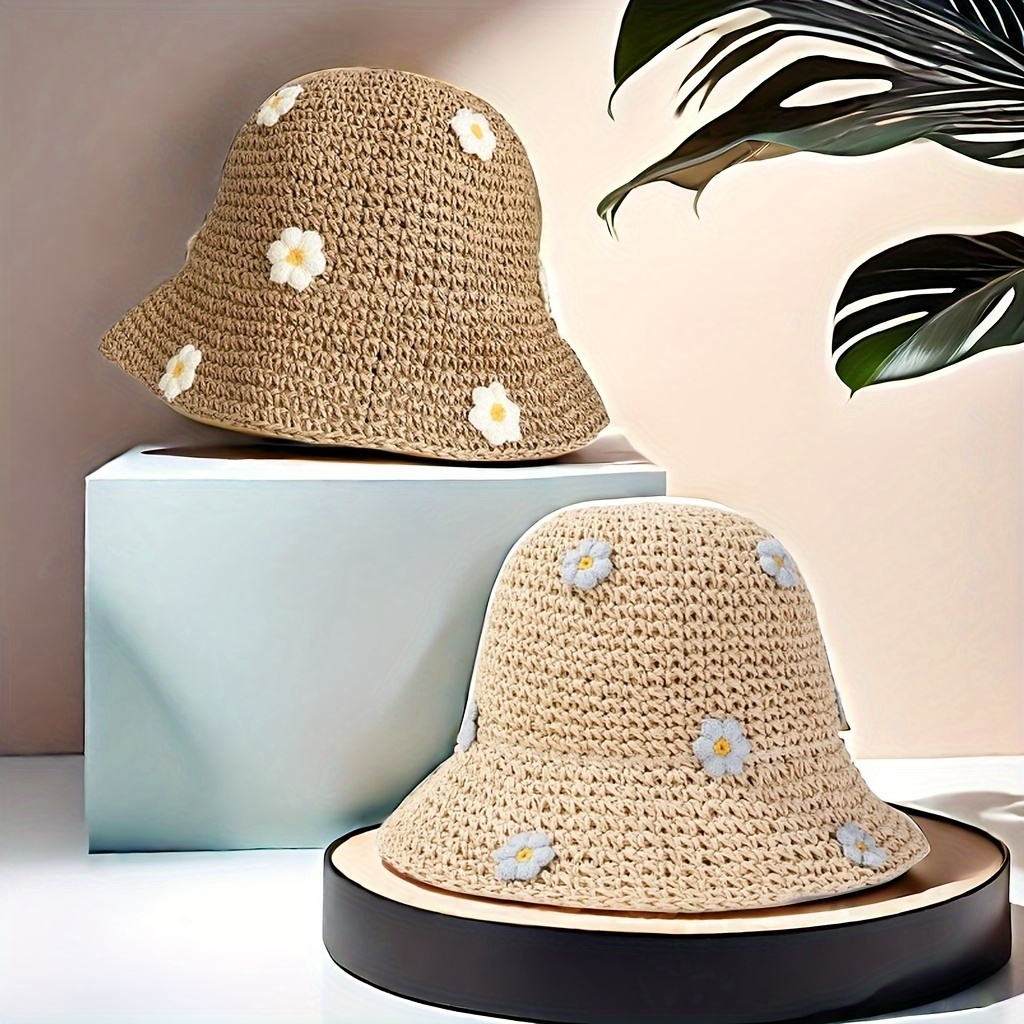 

Flower Decor Straw Bucket Hat Stylish Breathable Summer Beach Fisherman Cap Suitable For Women