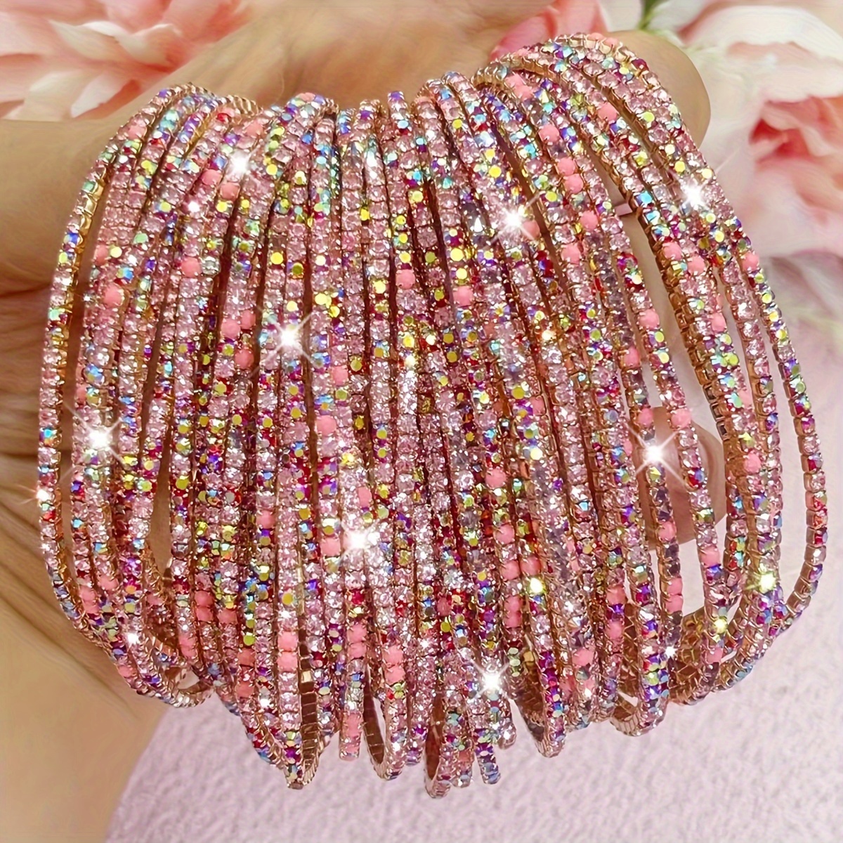 Pink Red Rhinestone Tennis Bracelets Set