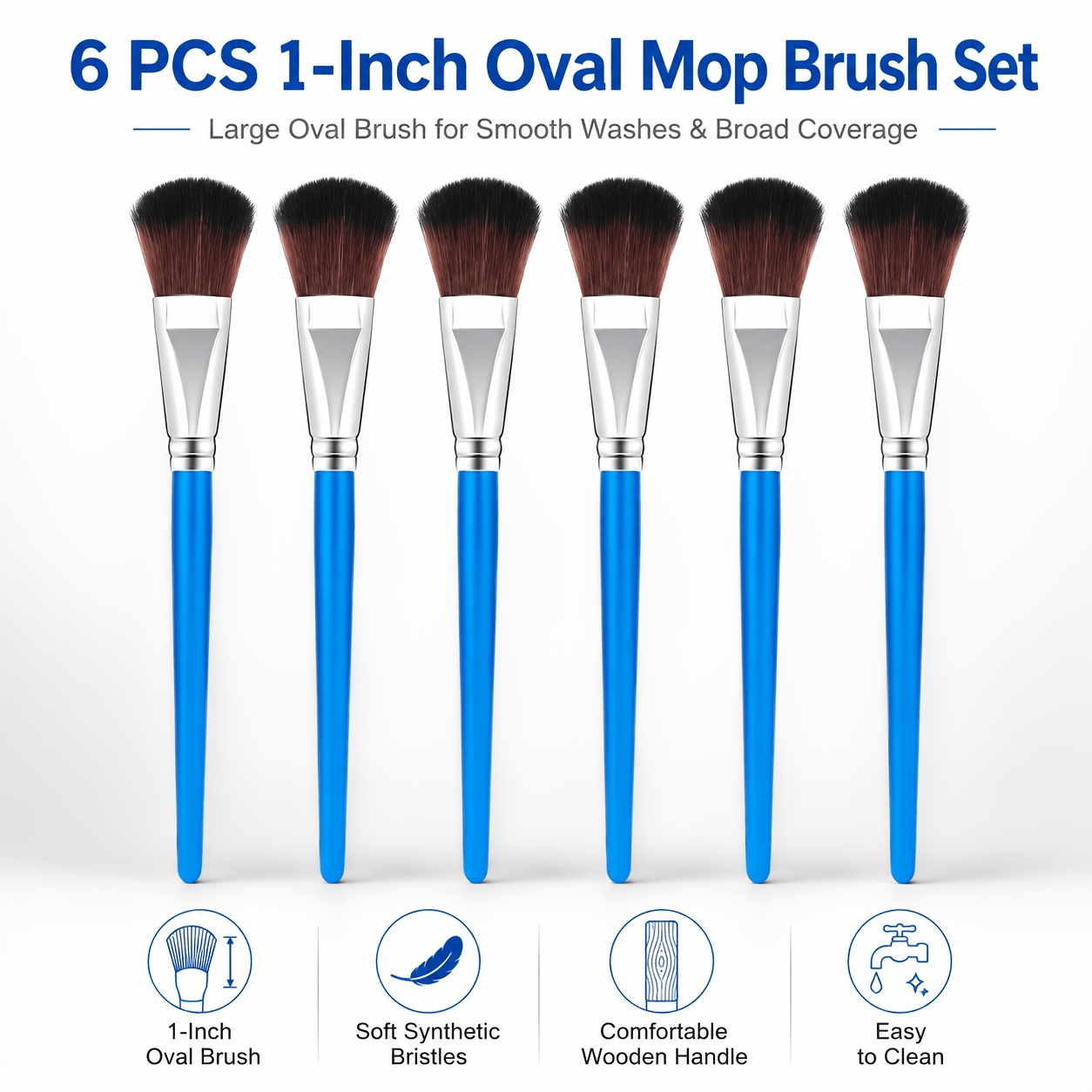 6pcs mop brushes for acrylic painting 1 inch oval blending brushes acrylic paint brushes with short wooden handle for watercolor gouache blue