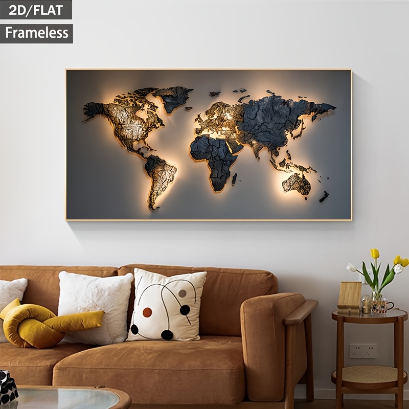 2d flat 1pc modern frameless horizontal world map wall art poster texture canvas suitable for living room bedroom office decor minimalist backlight for home gift decoration with   for dorm kitchen bathroom 2d flat