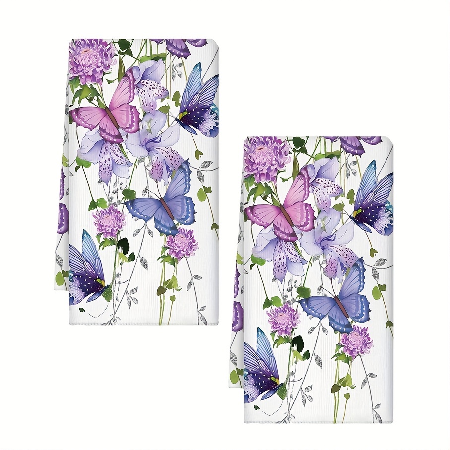 

2pcs, Dish Towels, Purple Butterfly And Floral Printed Kitchen Towels Set, Watercolor Butterfly Dishcloths, Sweet Home Decor Hand Dry Tea Towels, For Cooking Baking Bathroom Cleaning