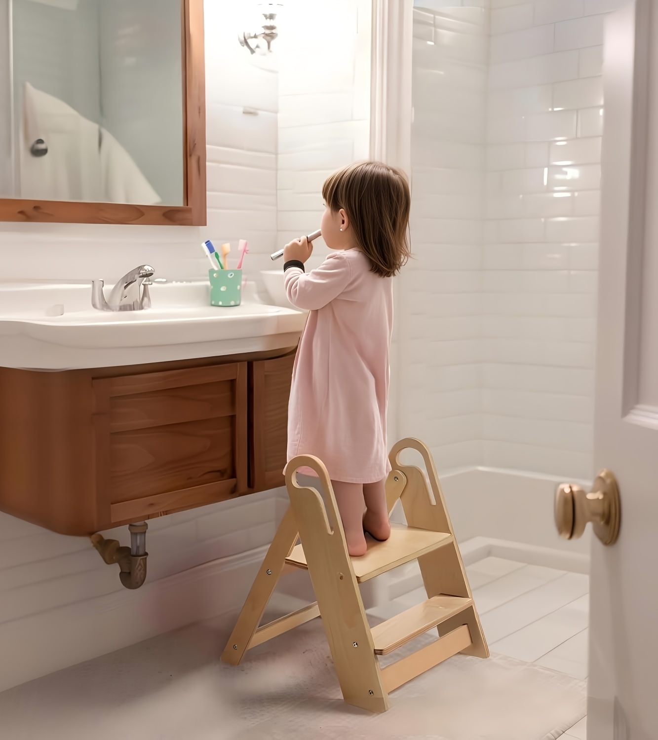 Children's Step Stool, Foldable Anti-Slip Double-Tier Step Stool with Handle Design, Suitable for Multiple Settings Including Bathroom Sinks, Kitchens, And Bedroom Countertops
