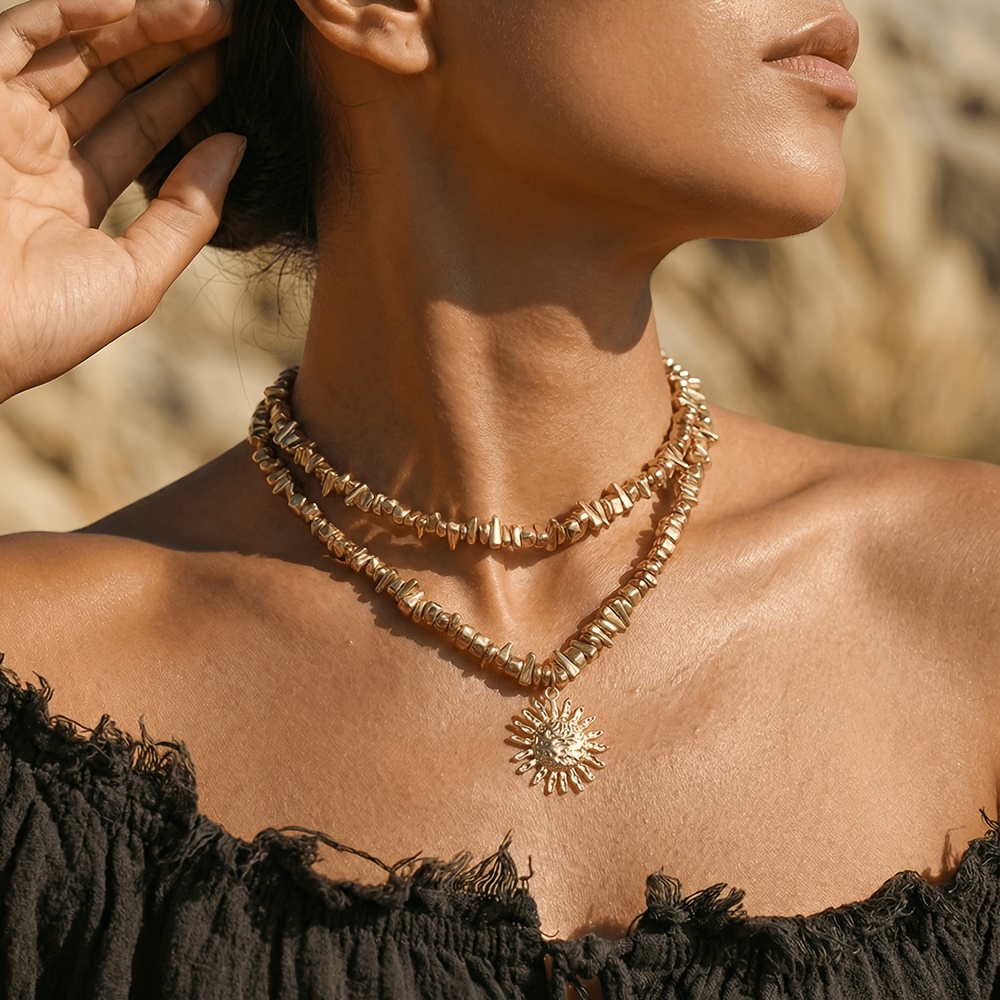 Image of 2pcs Trendy Layered Sun Necklace For Women Ccb Beaded Charm Multi-chain Styles Trendy Jewelry For Daily Outfits & Statement Occasions