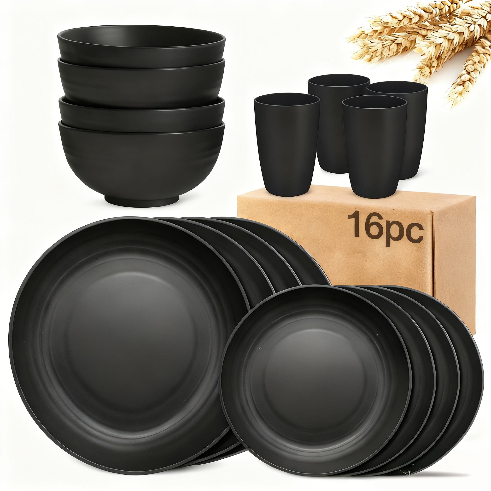 TEMU 16/32pcs Modern Black Plastic Dinnerware - Shatterproof Wheat Straw Cutlery With Dinner And Dessert Plates, Bowls, Cups - Lightweight,