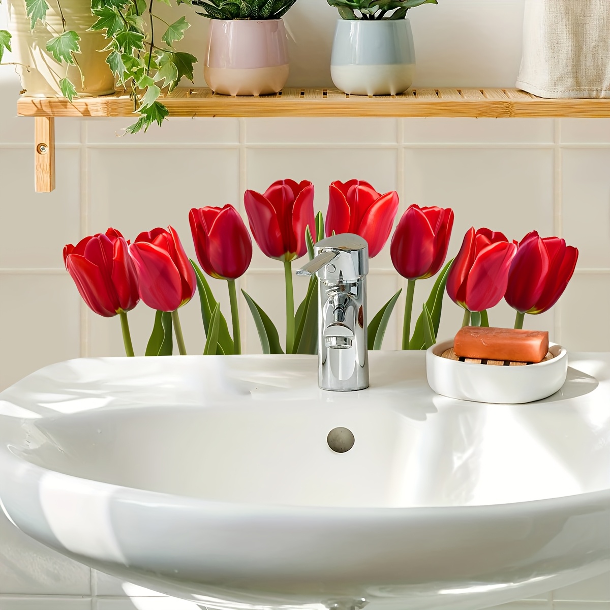 1pc 20x39.8 Tulip Bathroom Decorative Sticker, Artificial Flower, Self-adhesive, Easy To Apply, Sink Decoration, Refresh Sticker