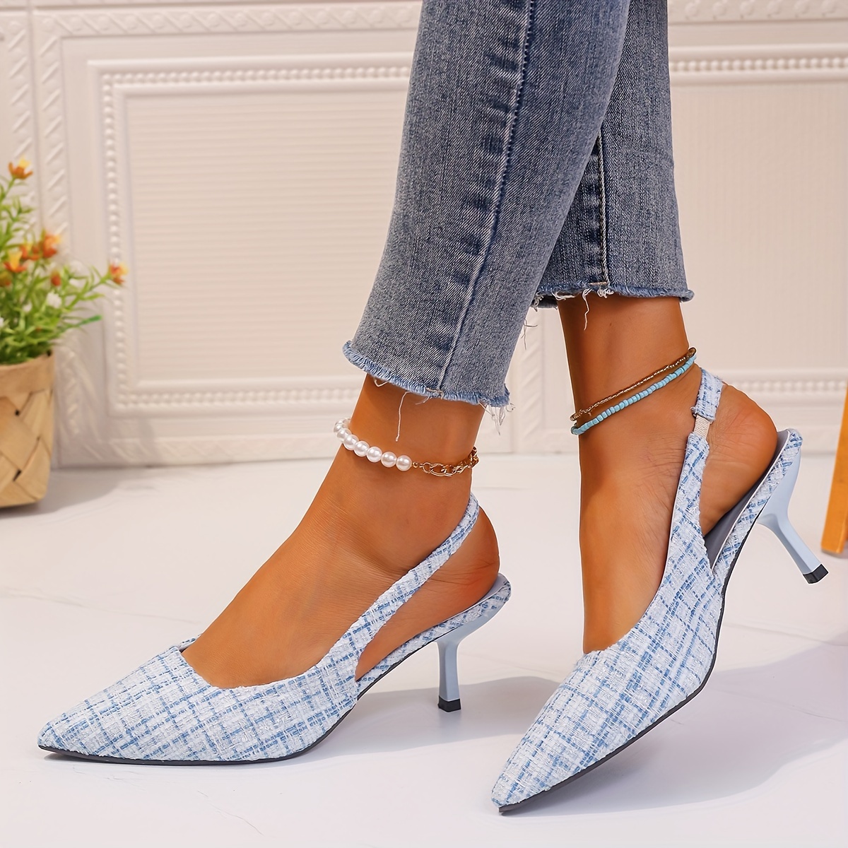 

Women's Plaid Pattern Stiletto Heels, Elegant Point Toe Dress Pumps, Fashion Ankle Strap Slingback Heels
