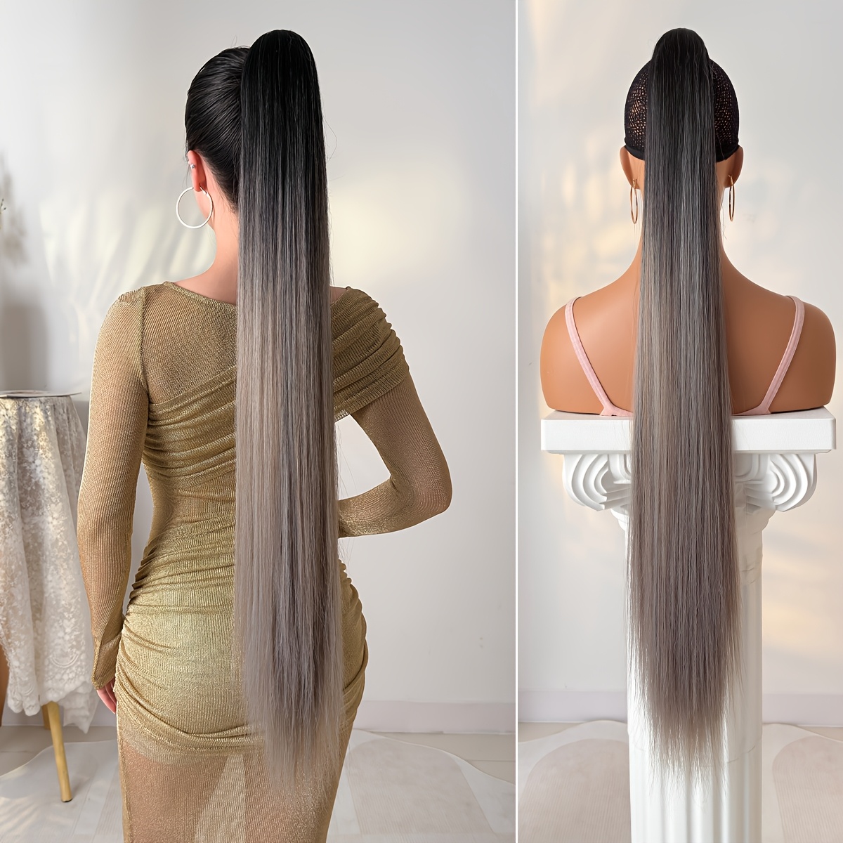 E-shop Ombre Krallen-Pferdeschwanz Verlängerung, langer, glatter 32 Zoll Hitzebeständiger synthetischer Haar-Patch, geeignet für die tägliche Anwendung