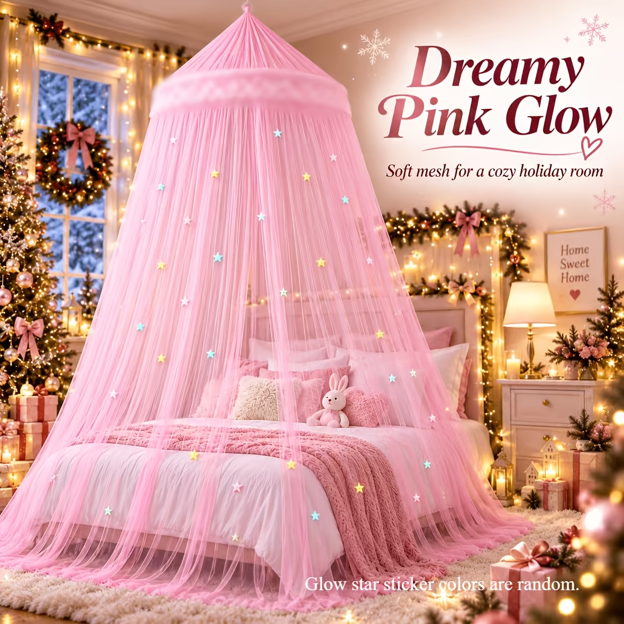 TEMU Round Dome Net Canopy Set With Random Star Stickers, Fine Mesh Hanging Bed Curtain, Soft Flowing Bedroom Decor, 6 Elegant Colors Available