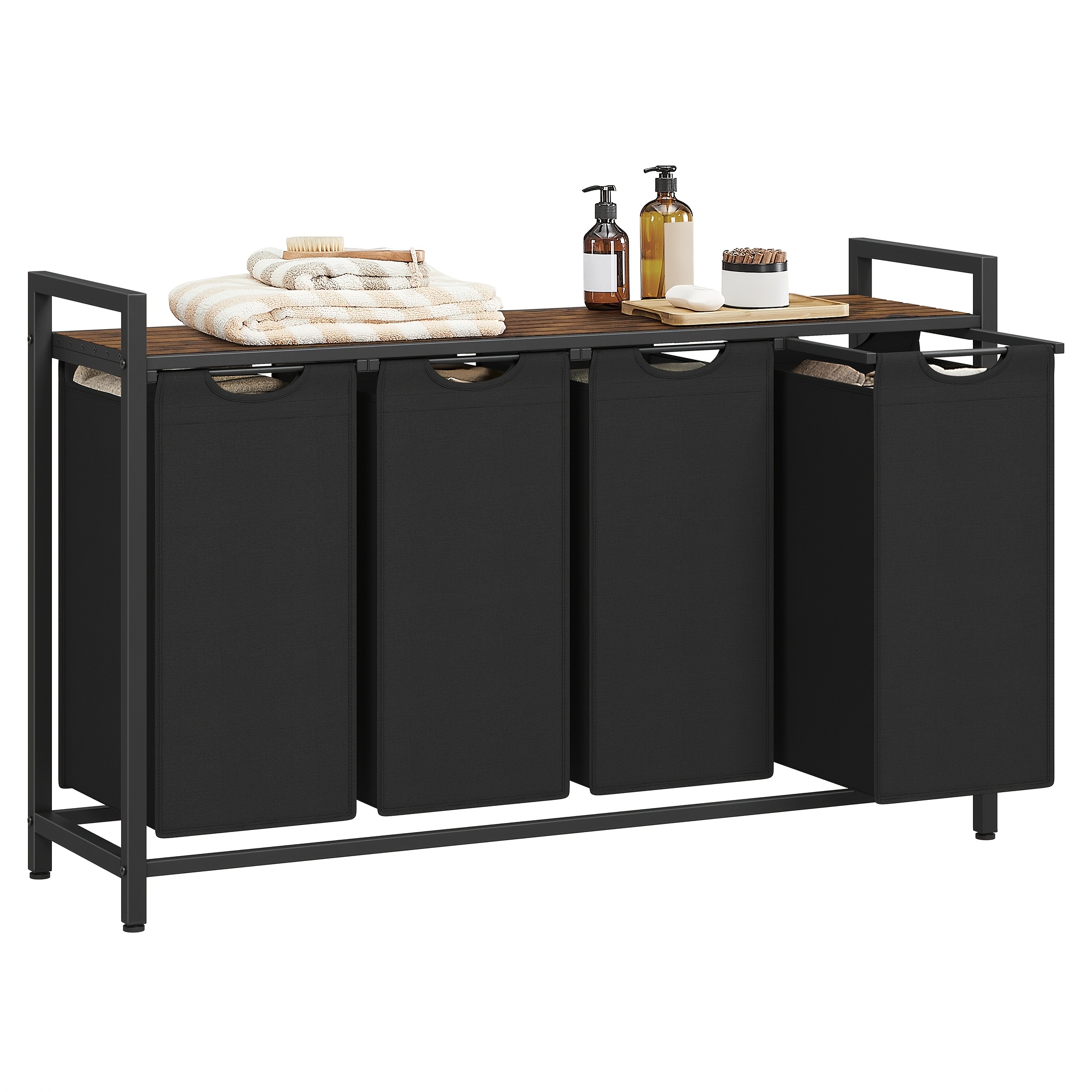 E-shop Wäschekorb mit 4 Fächern, Wäschesammler mit Ablage, Wäschebox aus Oxford-Stoff, ausziehbar und abnehmbar, Metallgestell, 4 x 40L, 116 x 33 x 72