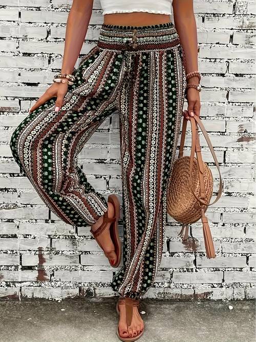 womens summer ethnic style printed drawstring waist long pants fashionable casual elegant jogger pants