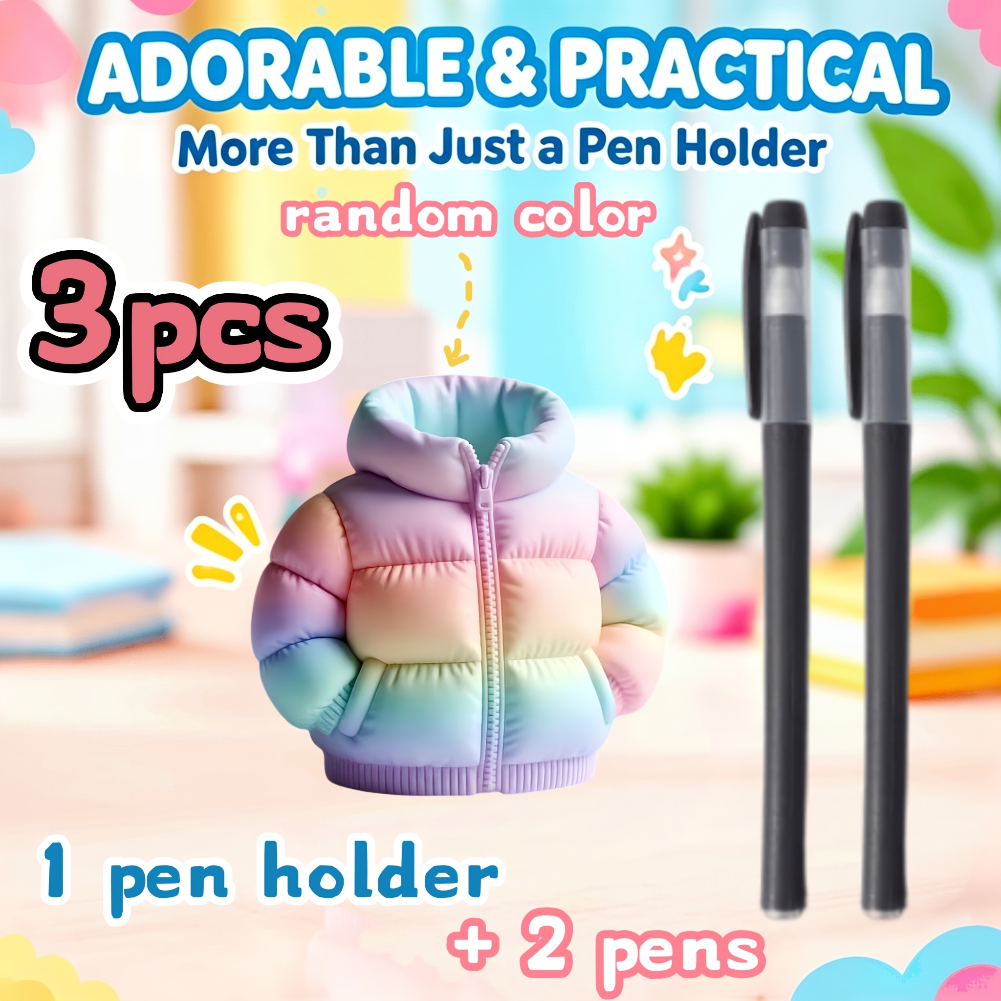 TEMU 3pcs (1 Porte-stylo gonflable créatif de couleur aléatoire et 2 stylos), Tube de rangement de papeterie créatif de , Pièce décorative de bureau,