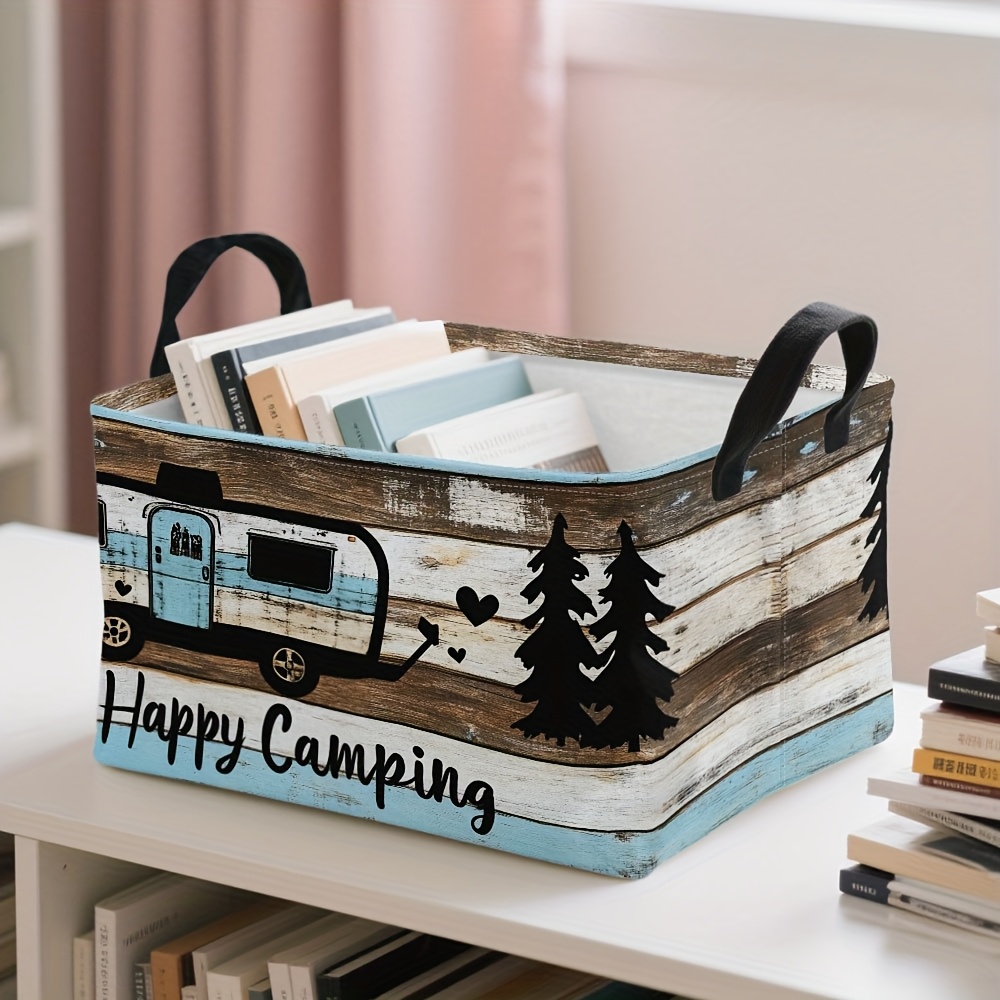 TEMU 1pc,dokriy, Extra Large Trailer Woods Pattern Open Storage Basket,foldable Handle Lightweight Sturdy Large Capacity,dirty Clothes Basket For