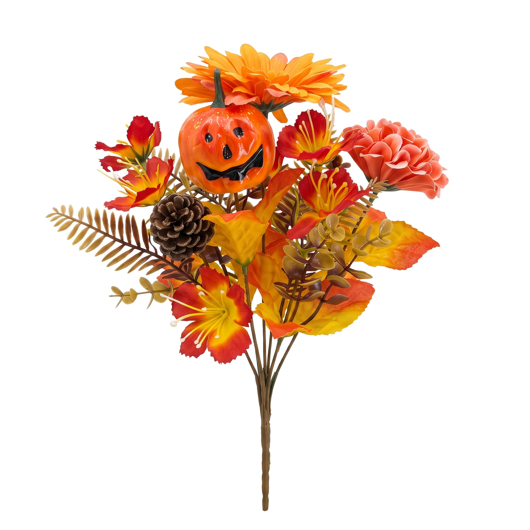 TEMU 1pc Autumn Halloween Faux Floral Arrangement, Orange Smiling Pumpkin Sunflower Combination Artificial Flowers, Harvest Feeling Fake Flower