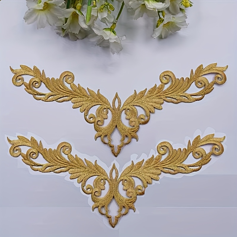 E-shop 2 Stück goldene/silberne gestickte Blumen-Patches, exquisite Kleidungsdekoration Stoffaufkleber, mit Kleberückseite, Wärmeübertragungspatches