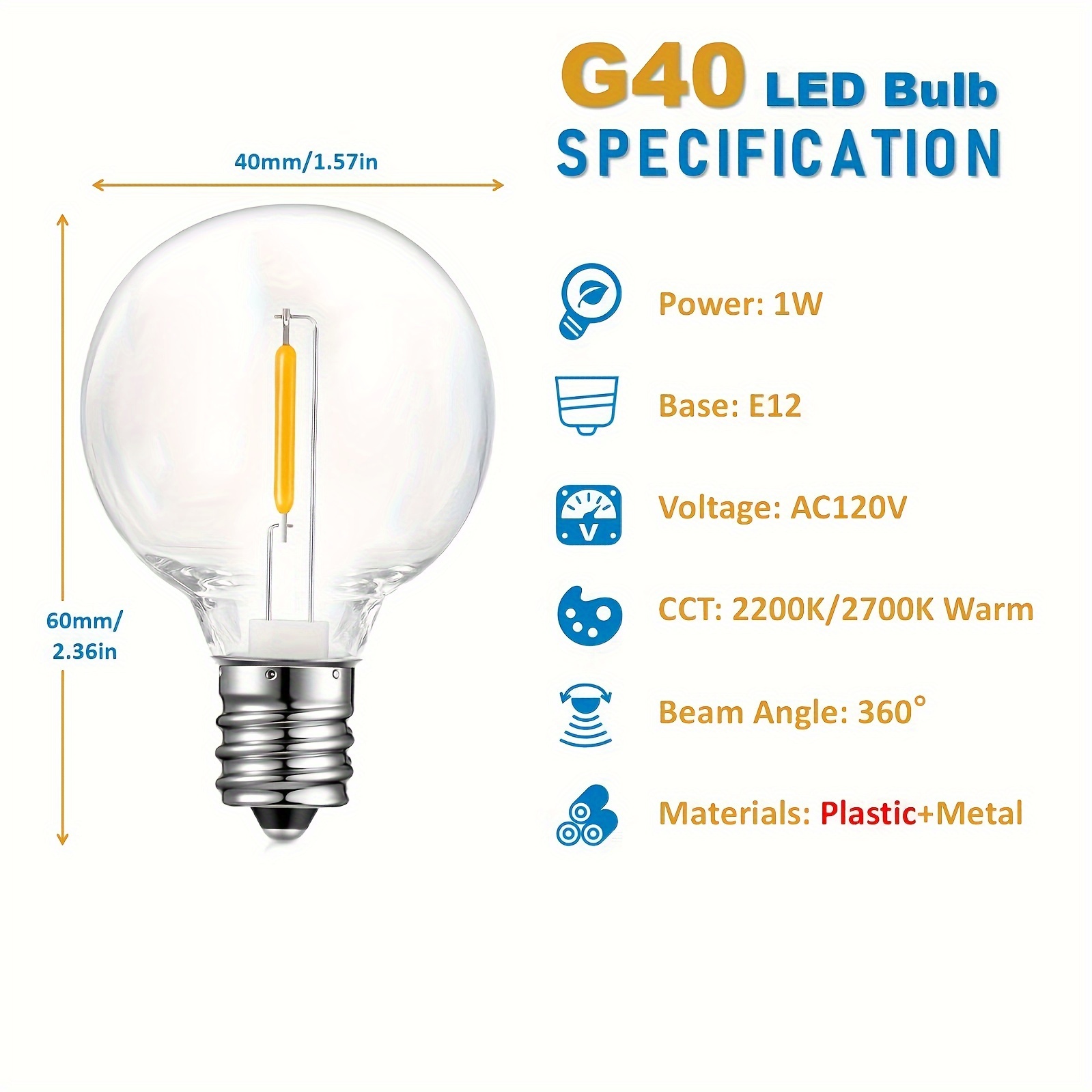 25 Pack G40 LED Red & Green Bulbs - 1W Shatterproof Christmas String Lights E12 Base