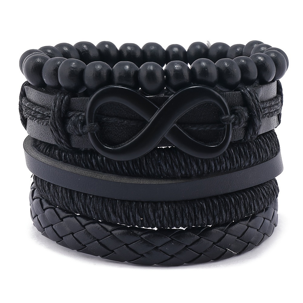 Fashion Black Set Bracelet Braided Pu Leather Bracelet Cool - Temu